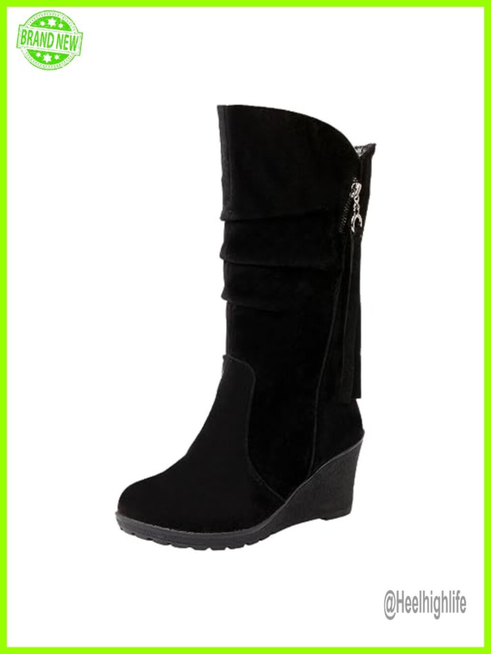 Women's Suede Leather Mid Calf Slouch Boots Wedge Heel Faux Fur Lined Winter